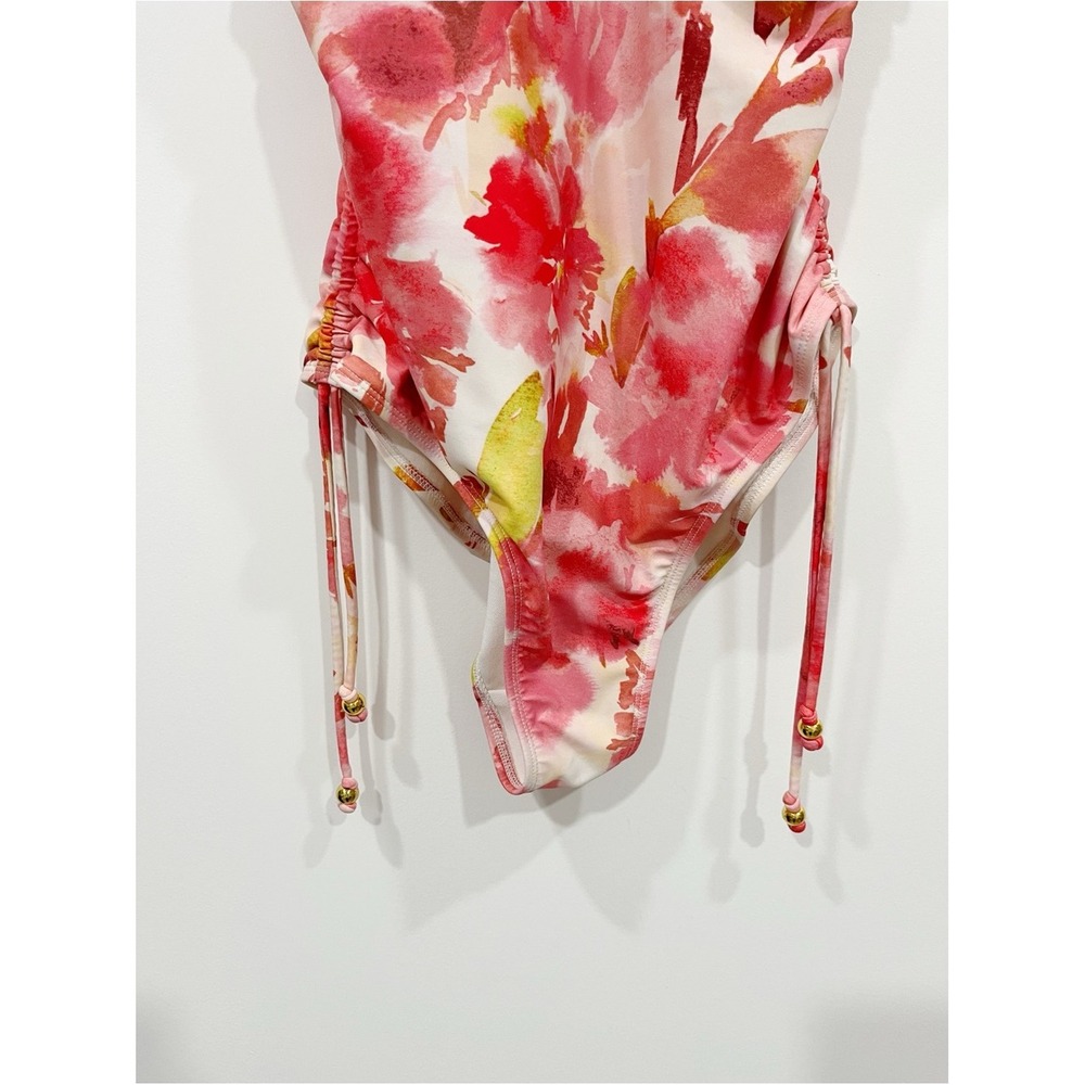 Shade & Shore Pink Floral Ruched V-Neck One Piece Swimsuit Size Small 4-6 - Picture 5 of 13